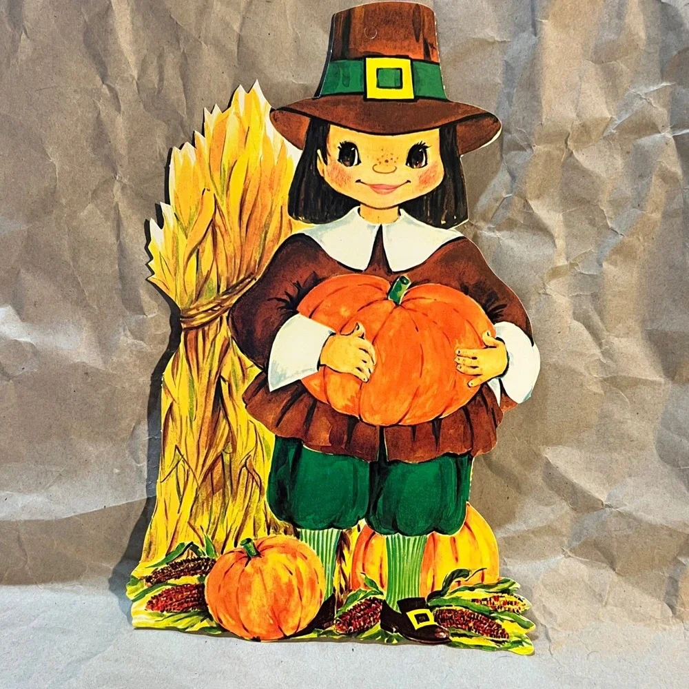 Vintage Thanksgiving Paper Cutouts 3pc Set Pilgrim Boy Girl Turkey Multi-Color